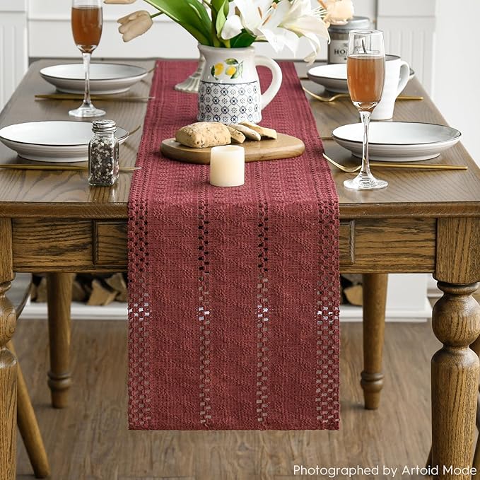 Artoid Mode Red Farmhouse Woven Rustic Hollow Table Runner, Seasonal Holiday Hollow Kitchen Dining Table Decoration for Home Party Decor 12x90 Inch