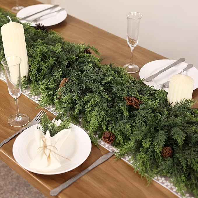 9FT Real Touch Cedar Garland - Artificial Christmas Garland Fake Green Faux Thick and Lush Pine Needles Garlands for Table Fireplace Mantle Holiday Home Indoor Outdoor Decor (1PCS)