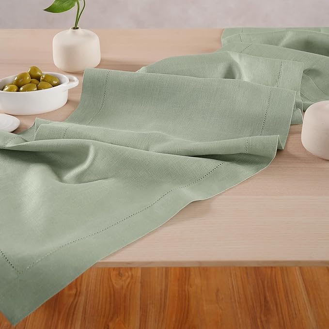 Linen Table Runner 90 inches Long – 100% Pure Linen Sage Green Hemstitch Table Runner 14 x 90 Inch for Dining, Spring, Summer, Wedding Decorations, Gift – Elara