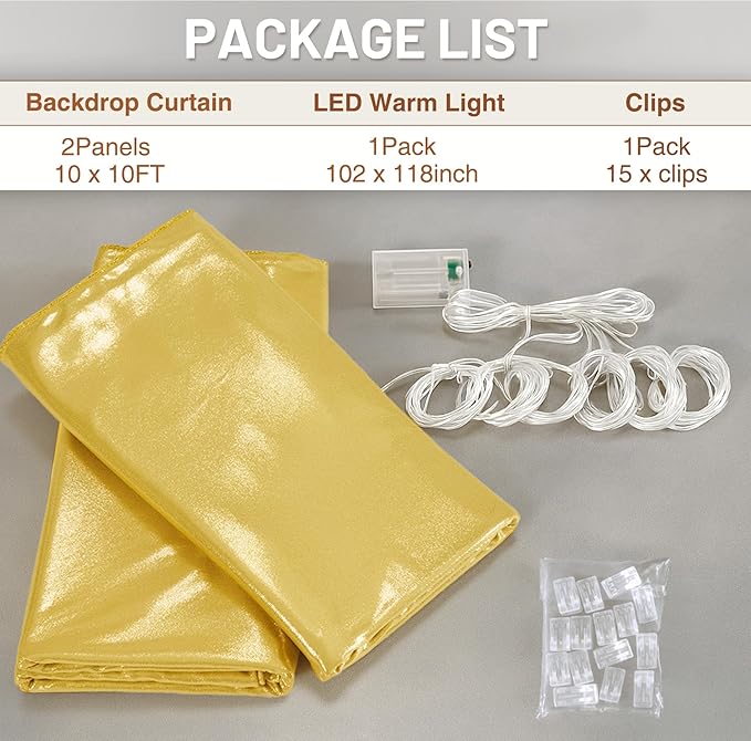 PartyVillage 10x10FT Gold Sequin Backdrop Curtain with String Lights – 2 Panels 5x10FT Sparkly Wrinkle-Free Glitter Backdrop Drapes for Birthday, Wedding, Photography, Graduation Party Décor