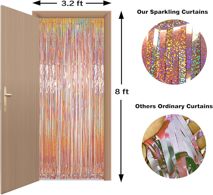 Foil Fringe Backdrop, Melsan 2 Pack 3.2 ft x 8.2 ft Tinsel Foil Fringe Curtains, Sparkle Fringe Curtains for Bachelorette Party Decorations Photo Background Decoration, Rose Gold
