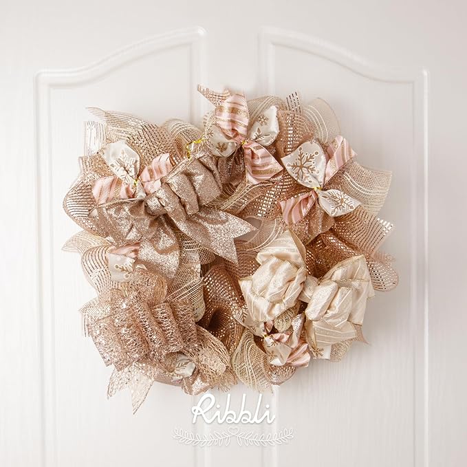 Ribbli 2 Rolls Rose Gold Metallic Mesh Ribbon 10 inch x 30 feet(10Yard), Ivory with Rose Gold Foil and Ivory Thread,Christmas Ribbon for Wreath Swags Wedding Garland and Christmas Tree