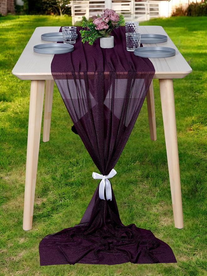 MDS Halloween Chiffon Table Runner - 15 Pack, 29 x 120 Inches, 10ft Each - Sheer Spooky Table Runners for Haunted House Parties, Trick-or-Treat Tables, Witchy Décor, Wedding & Events - Eggplant