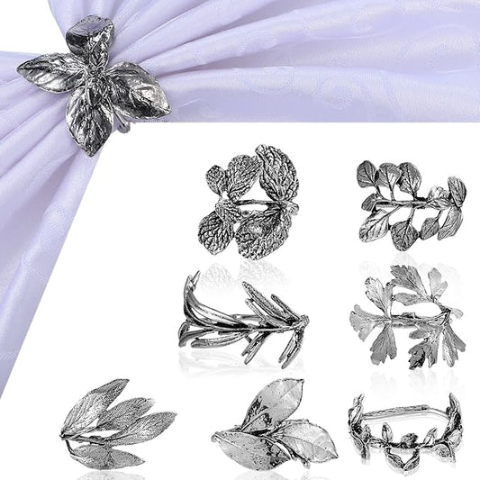 Cunhill 8 Pieces Herb Napkin Rings Set Vintage Leaf Napkin Holders Rings Glossy Holder Adornment Metal Table for Graduation Holidays Wedding Graduation Party Decor Everyday Use(Silver)
