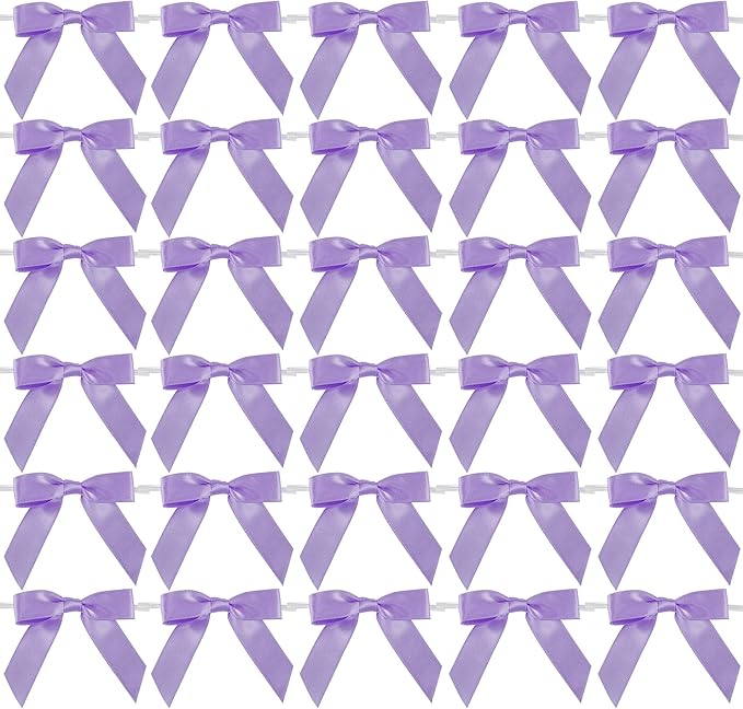 AIMUDI Lavender Satin Ribbon Twist Tie Bows 2.5" Purple Pretied Bows Premade Craft Bows for Treat Bags Cake Pop Gift Wrapping Basket Wedding Favors Cookie Candy Bagging Baby Shower - 50 Counts