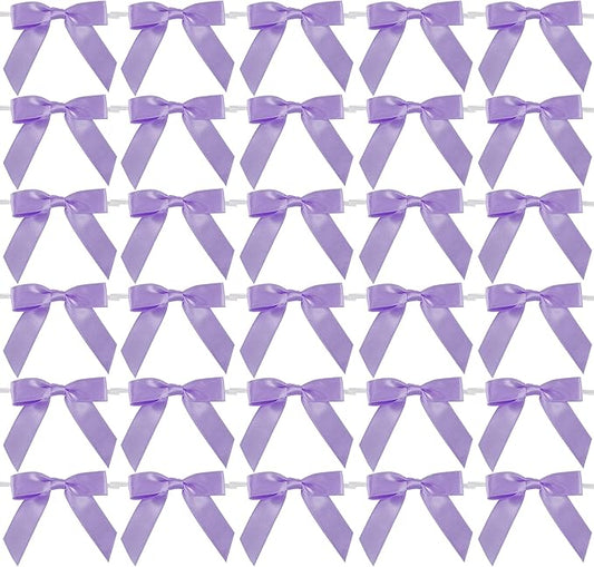 AIMUDI Lavender Satin Ribbon Twist Tie Bows 2.5" Purple Pretied Bows Premade Craft Bows for Treat Bags Cake Pop Gift Wrapping Basket Wedding Favors Cookie Candy Bagging Baby Shower - 50 Counts