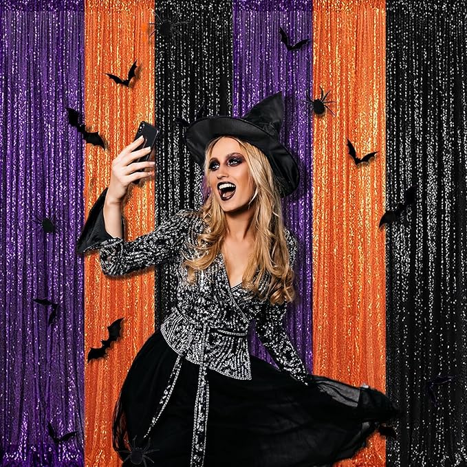 Orange Sequin Backdrop 2FTx8FT 2 Panel Glitter Fall Sequin Backdrop Sparkle Photo Background for Birthday Halloween Easter Thanksgiving