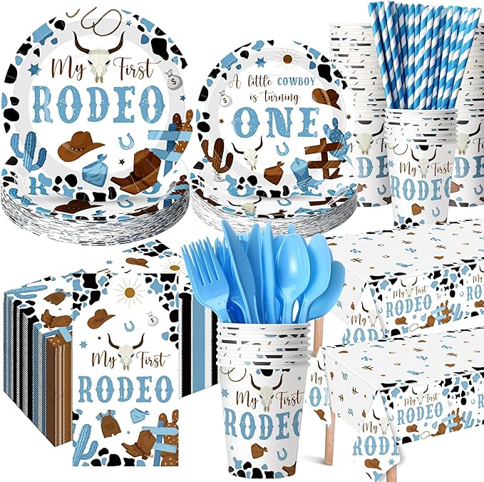 452 Pcs First Rodeo Decorations Boy, Blue Western Cowboy Paper Plates Napkins Cups Tablecloth Cutlery Straws for My 1st Rodeo Birthday Party Baby Shower Decorations Supplies for 50 Guests