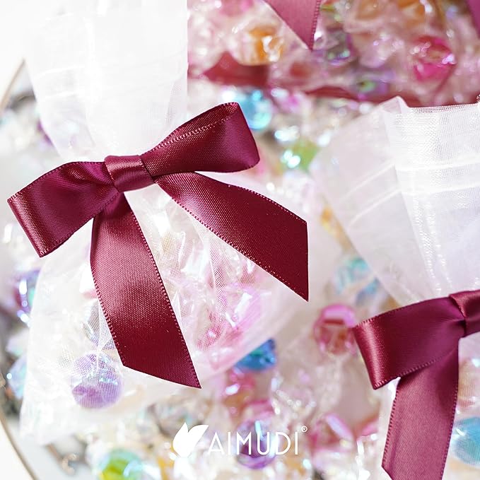 AIMUDI Burgundy Twist Tie Bows 2.5" Pre Tied Maroon Bows Premade Satin Gift Bows for Crafts Wine Bows for Treat Bags Gift Wrapping Wedding Baby Shower Party Favors Christmas Tree Decor - 50 Counts