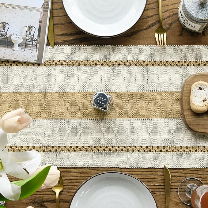 Artoid Mode Burlap Brown Farmhouse Woven Rustic Table Runner, Seasonal Holiday Hollow Kitchen Dining Table Decoration for Home Party Decor 12x36 Inch