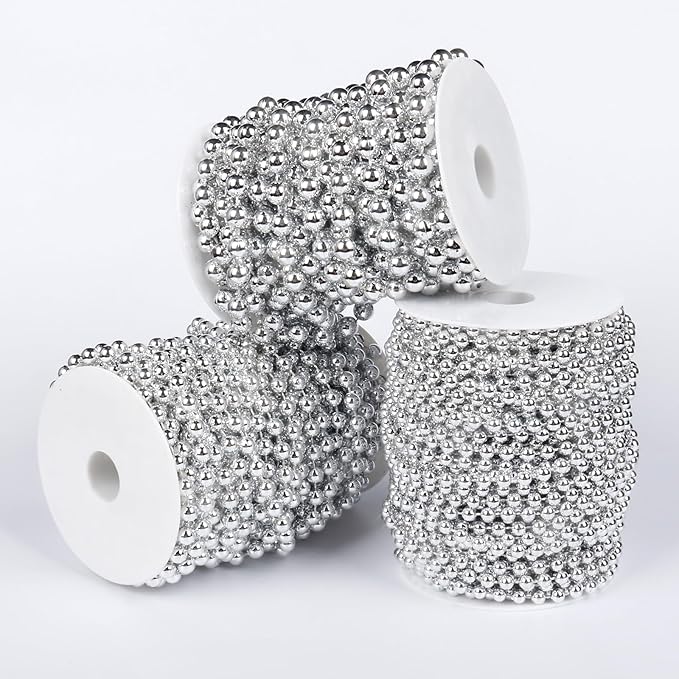 [98 Feet] Silver Pearl Beads Garland, 6MM 33 Yards Silver Faux Pearl Beads String Roll Bulk for DIY Craft Christmas Tree Wedding Party Decoration