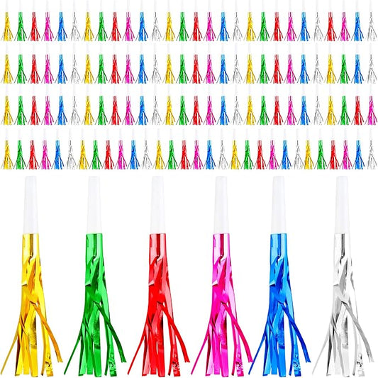 120 Pcs Glitter Bomb Noise Maker Gold Metallic Fringed Squawker Blowouts Silver Musical Blower Whistle for Birthday New Years Party Supplies Sporting Events Graduation (Multicolor Set 1)