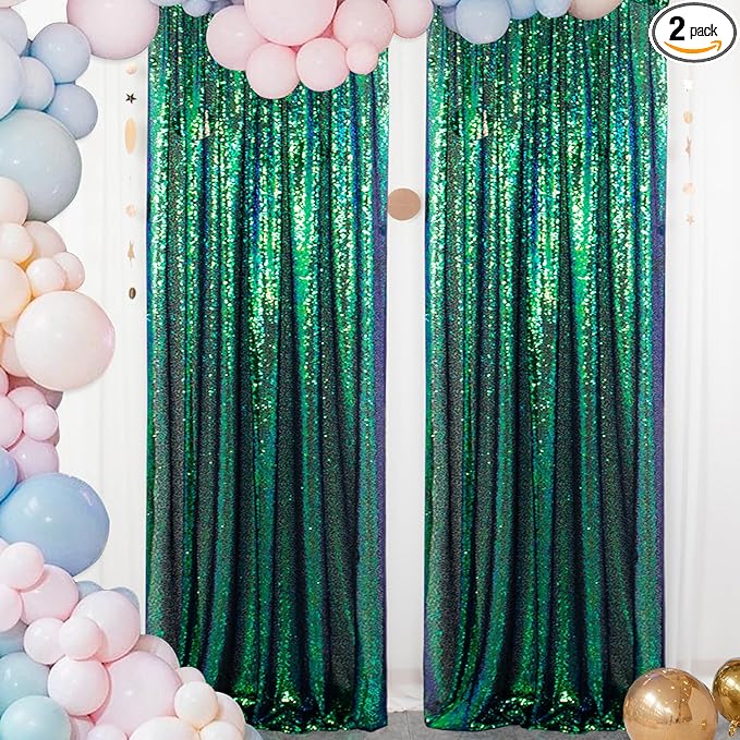 ShinyBeauty Iridescent Green Sequin Backdrop Curtain 5FTx10FT 2 Panels - Perfect for Party, Wedding & Christmas Decorations | Sparkly & Durable Photo Studio Backdrop Backgrounds