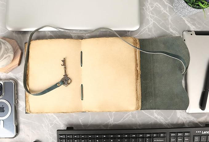 Leather Journal with Lined and Unlined Deckle Edge Paper 8x6 inch and Vintage Key | Handmade Writing Notebook Diary | Bound Daily Notepad for Men & Women Medium, Sketch/Writing pad for Artists