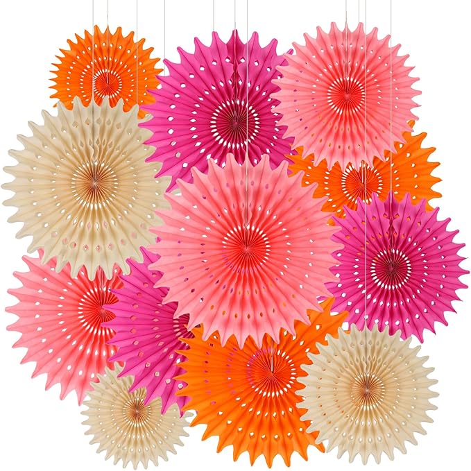 BestoFun 12PCS Paper Fans Peach and Hot Pink Party Decorations Tissue Paper Flowers Decorations for Girl Groovy Birthday Baby Shower Wedding Bachelorette Room Wall Hanging Décor