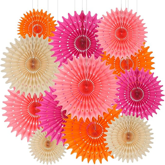 BestoFun 12PCS Paper Fans Peach and Hot Pink Party Decorations Tissue Paper Flowers Decorations for Girl Groovy Birthday Baby Shower Wedding Bachelorette Room Wall Hanging Décor