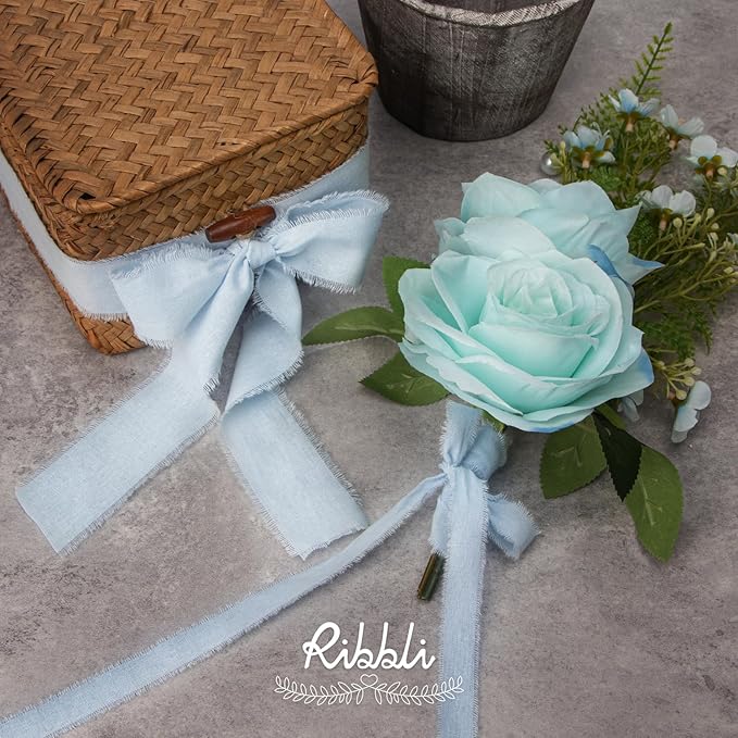 Ribbli 3 Rolls Light Blue Ribbon 5/8 Inch x 18Yards Handmade Cotton Frayed Fringe Ribbons for Gift Wrapping Wedding Invites Bridal Bouquets Baby Shower DIY Crafts Home Decor