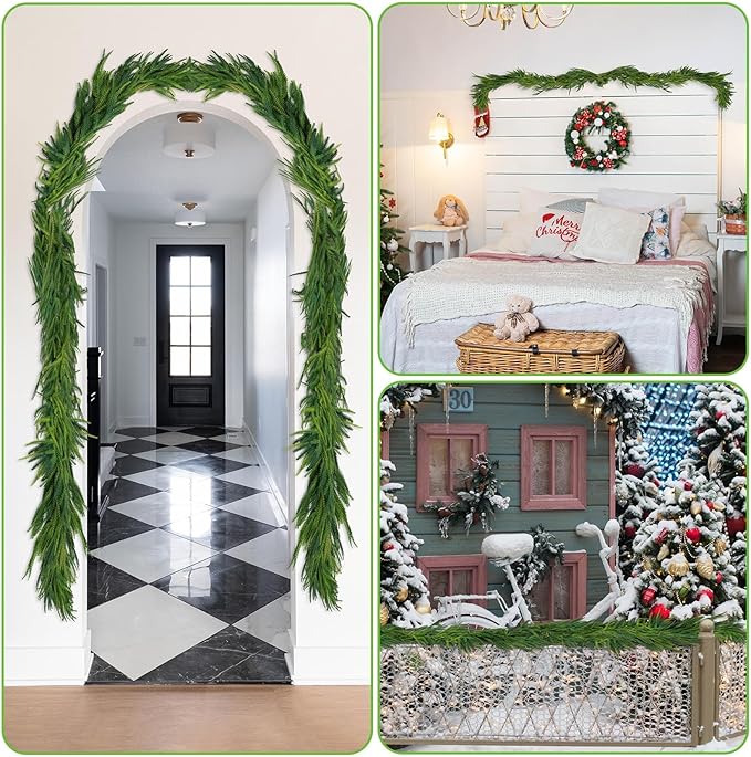 4 Pcs Artificial Norfolk Pine Garlands Christmas, 9 FT Dense Real Touch Winter Pine Garland Ornament, Green Artificial Greenery Garland for Table, Mantle, Wall, Indoor, Outdoor Christmas Decorations