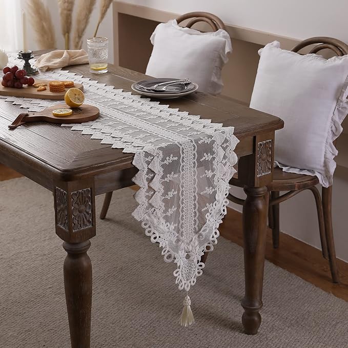 patdrea Designer Vintage White Lace Table Runner,Crochet Decorative Table Covers,Chiffon Embroidered Tasseled Table Runners, Cutwork Dresser Runners,Christmas Wedding Party Bridal 16x71 Inches Long