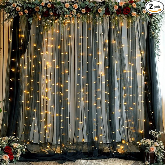 Black Backdrop Curtains with Lights String for Parties Wedding Bridal Shower 10×10ft Sheer Tulle Backdrop Curtain Panels for Baby Shower Birthday Party Photo Shoot Background Wall Decorations