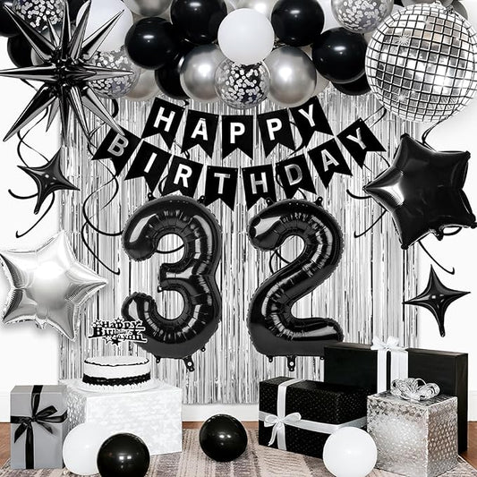 32nd Birthday Decorations for Men Women, Black Silver Happy Birthday Party Decorations， 32 Year Old Party Supplies with Number 32 Balloons, Banner, Fringe Curtains Kit