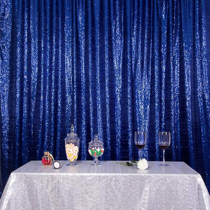 SquarePie Sequin Backdrop Curtain Not See Through Thick Glitter Background for Party 8FT x 10FT Navy Blue