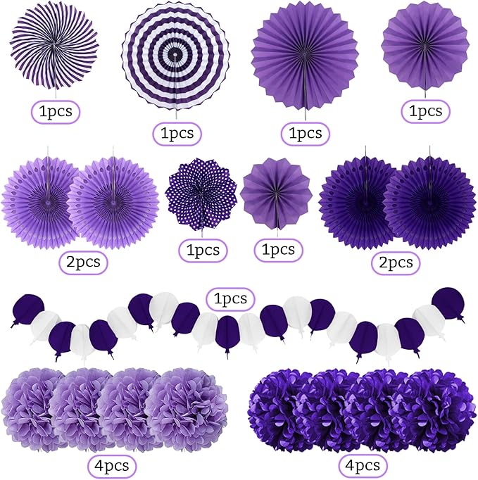 Party Decorations, Purple Papar Fans Pompoms Garlands for Women Girls Mothers Day Bachelorette Wedding Birthday Baby Showers Valentine's Day Party Decorations