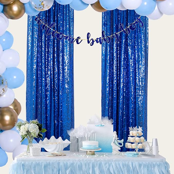 ShinyBeauty Royal Blue Sequin Curtains 2FTx8FT - 4 Panels Sparkly Backdrop for Photo Shoots, Baby Showers, Parties & Events - Elegant & Durable Glitter Background