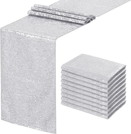 Silver Sequin Table Runners 10 Packs 12x108 Inches Holiday Celebration Sparkly Table Runners for Birthday Party Supplies Decorations