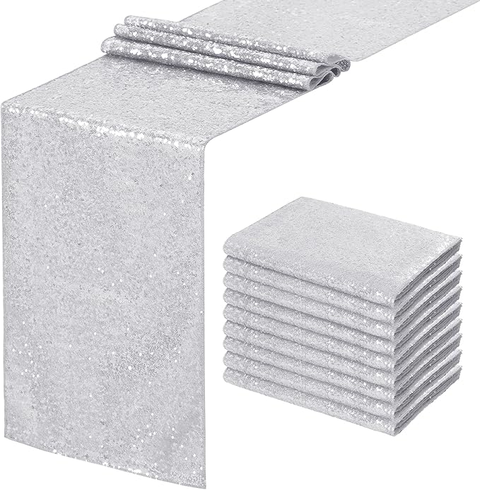 Silver Table Runner 10 Packs 12x72 Inch Sequin Glitter Table Runner for Rectangle Tables for Birthday Banquet Wedding Baby Shower Party Decorations