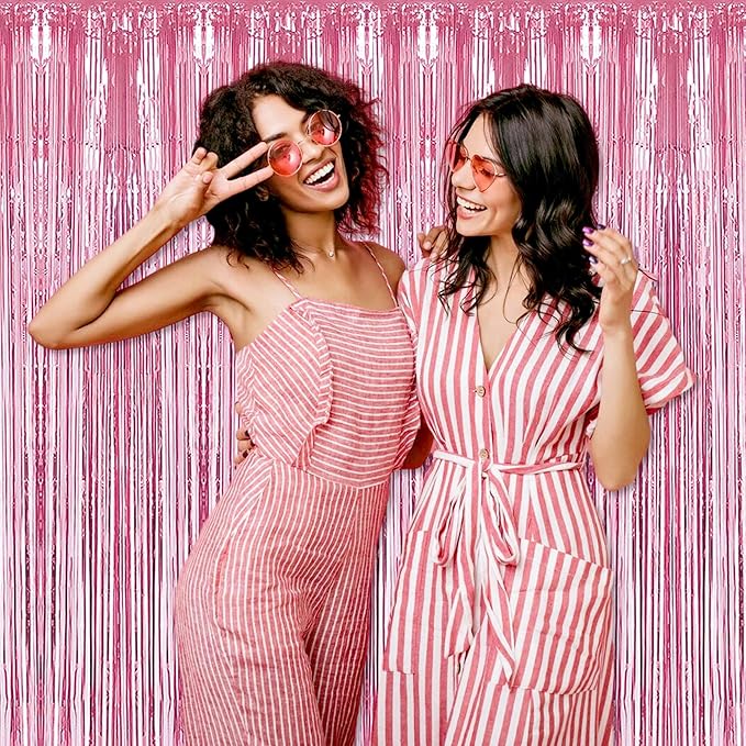 6 Pack Pink Foil Fringe Curtains Backdrop, 3.28 x 8.2 Ft Metallic Streamers Tinsel Curtains Background for Photo Booth, Birthday, Weddings, Carnivals, Graduation, Themed Party Decorations