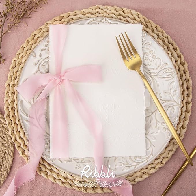 Ribbli Pale Blush Ribbon 1 Inch x 3 Rolls Total 24 Yards Light Pink Handmade Fringe Chiffon Silk Ribbon for Wrapping Wedding Invitations Bridal Bouquets DIY Crafts Home Decor