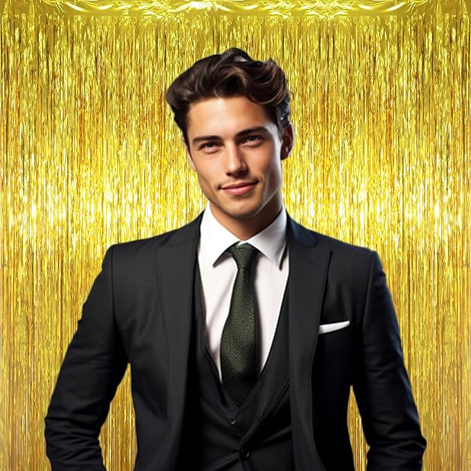 3 Pack 3.3 x 6.6 ft Gold Foil Fringe Backdrop Curtains, Tinsel Streamers Party Decorations, Fringe Backdrop for Birthday, Baby Shower, Gender Reveal, Graduation