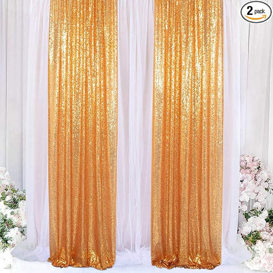 ShinyBeauty Gold Sequin Curtains 2 Panels 2FTx8FT - Perfect for Photo Backdrop Sequin Backdrop Curtain, Event Decor, and Home Use Stage Background