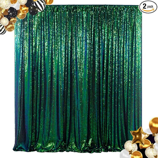 ShinyBeauty Sequin Backdrop Curtain Iridescent Green 2 Panels Sequin Bakdrop 4x8FT Shimmer Backdrop for Photograph Wedding Backdrop Drapes Iridescent Green Glitter Backdrop Curtain (Green Blue)