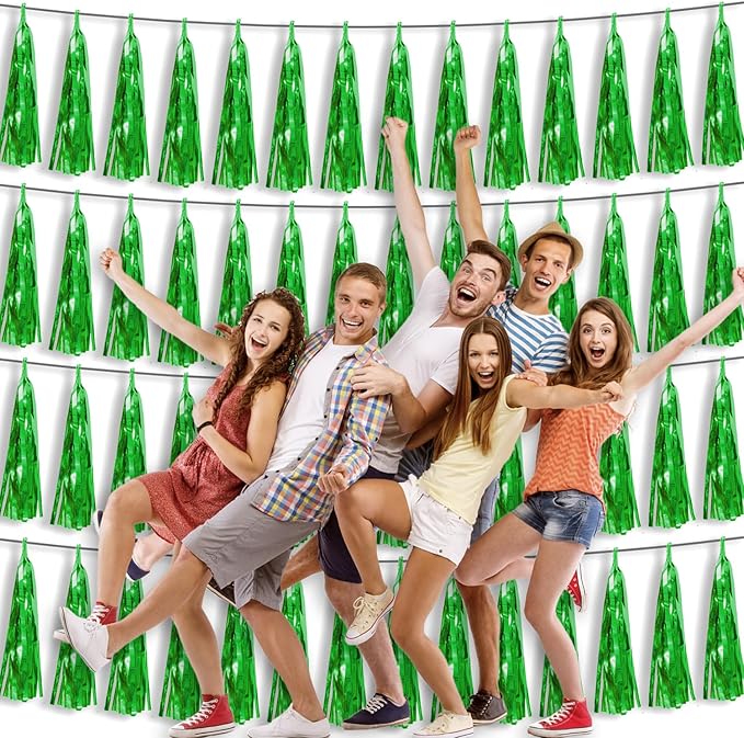 4P Green Foil Fringe Tassel Banner Garland Metallic Tinsel Streamers Wall Hanging Curtain Backdrop Banner for Parade Floats, 2024 Graduation Decorations, Father's Day Party Decoration