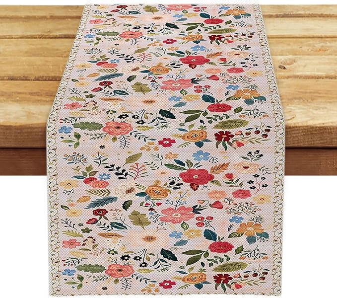 OYIMUA Boho Floral Summer Table Runner 13 x 36 Inches Colorful Flower Runners for Tables Rustic Spring Decorations for Home Indoor Outdoor Party Decor