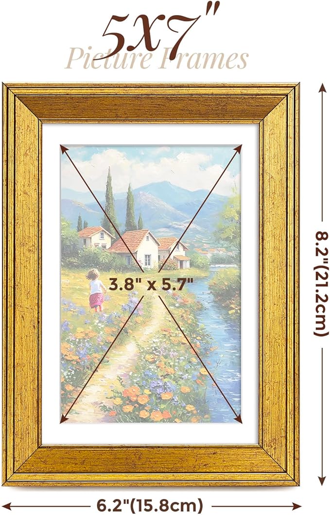 TWING 5x7 Gold Picture Frames Set of 6,Rustic Gold Frames Display Pictures 4x6 with Mat or 5x7 Without Mat,Tabletop Display and Wall Mounting Home Collage Photo Frame,Set for Wall Gallery