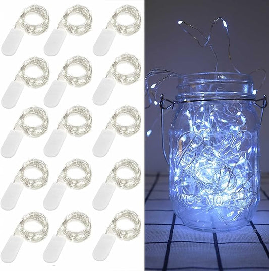 15 Pack Fairy Lights Battery Operated, 6.6ft 20 LED Mason Jar Lights Silver Wire Waterproof Firefly Mini Led String Lights for Table Party Wedding Centerpiece DIY Crafts Christmas Decor