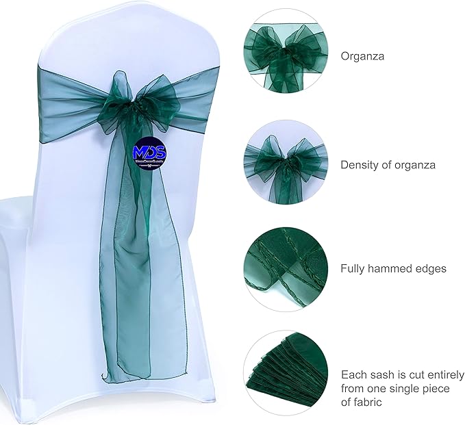 MDS Pack of 125 PCS Organza Chair Sashes Wider Dining Chair Bows Ribbon Tie Back for Wedding Party Birthday Bridal Shower Reception Event Banquet Home Chair Cover Decoration - Hunter Green