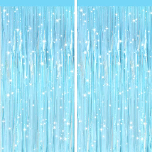 GCB 2Pack Macaron Blue Metallic Tinsel Foil Fringe Curtains, Pastel Blue Door Streamers Photo Booth Backdrop for Birthday Party, Tinsel Curtain Backdrop for Baby Shower Bachelorette Party Decorations