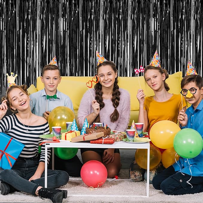 2 Pack Black Streamers Party Decorations Black Tinsel Backdrop Supplies Foil Curtain Backdrop for Baby Shower Birthday Bachelorette Wedding Engagement Holiday Celebration Halloween Party Decorations