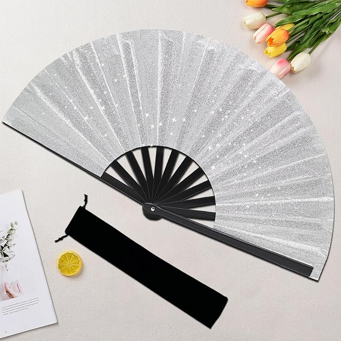 Glitter bling Large Folding Fan-Hand Fan Rave Clack Popping Fan for Line Dancing Clacking Fans for Boots On The Ground Dance, Party for EDM, Music Festival, Hot Flashes, Party, Decoration(1pcs silver)