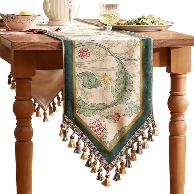 patdrea Designer Green Floral Extra Long Table Runner,French Elegant Vibrant Rustic Linen with Green Leaves Patterns Fabric Table Mat,Decoration for Kitchen Dining Room Banquet Christmas,12"*118"
