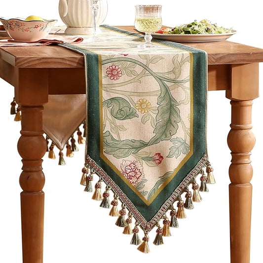 patdrea Designer Green Floral Extra Long Table Runner,French Elegant Vibrant Rustic Linen with Green Leaves Patterns Fabric Table Mat,Decoration for Kitchen Dining Room Banquet Christmas,12"*118"