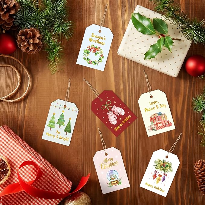 96 Pcs Christmas Gift Tags, Watercolor Christmas Hanging Tags Label Gold Foil with Hemp Rope Xmas Present Tag for DIY Xmas Holiday Present Wrapping Decorations, 6 Styles