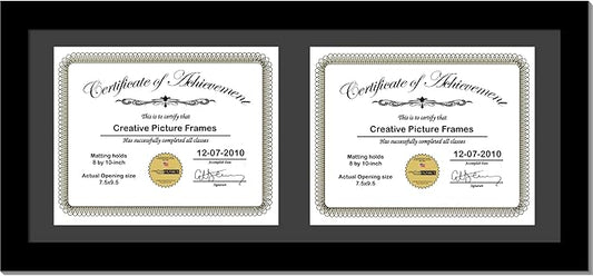 Creative Picture Frames 10X24Bk-B Black Horizontal Double Diploma Frame With 2 Opening Black Matting | Holds 2-8X10-Inch Documents With Installed Wall Hanger