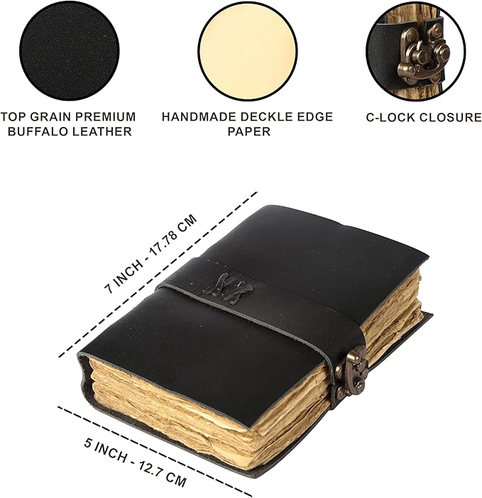 Vintage Leather Journal Handmade Buffalo Non-Refillable Deckle Edge Paper – Leather Bound Journal for Women, Men, C-Lock Closure Ideal for Writing & Travel for Artists (Black)