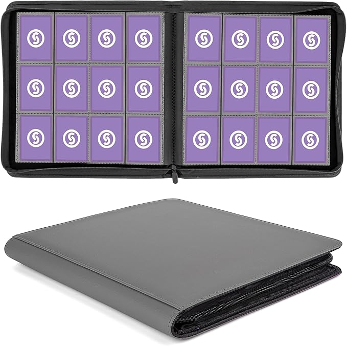 SMYV 12 Pocket Trading Card Binder, Premium PU Cover Card Binder for 720 Cards, Ringless Side Loading Card Collection Album Folders for MTG, TCG, Game Cards & Sports Cards (Grey)