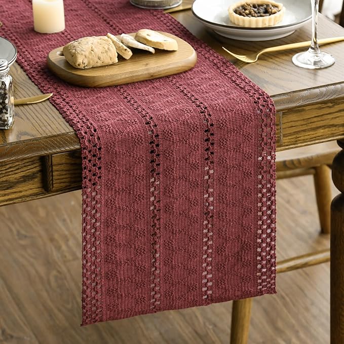 Artoid Mode Red Farmhouse Woven Rustic Hollow Table Runner, Seasonal Holiday Hollow Kitchen Dining Table Decoration for Home Party Decor 12x90 Inch